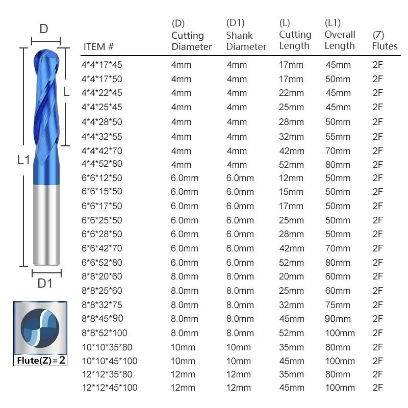 XCAN Ball Nose End Mill 3.175 4 6 8 10 12mm Shank Carbide Milling Cutter 2 Flute Nano Blue Coated CNC Router Bit For Woodworking