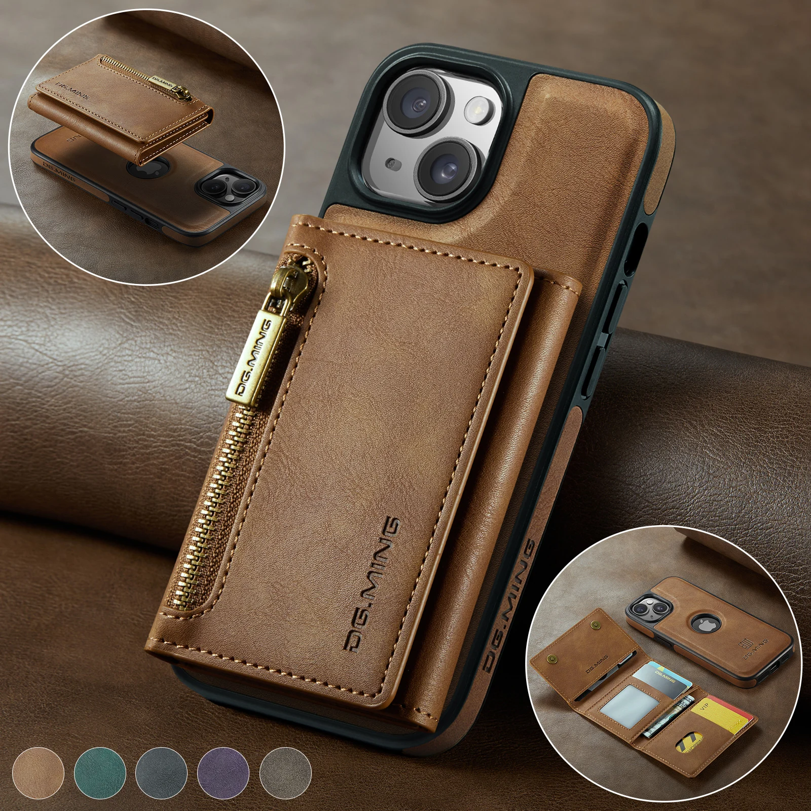 For iPhone 13 Pro Max Case DG.MING 2 in 1 Magnetic Detachable Leather Wallet Phone Cover M5