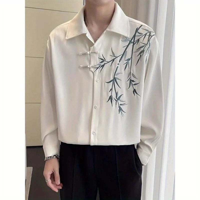 2024 New Spring and Autumn Chinese Style Fashionable Casual Loose Long Sleeved Printed Flip Collar Embroidered Men\'s Shirt Top