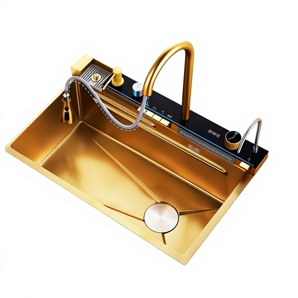 Sink,Gold SUS Smart Single Bowl Square Stainless Steel Handmade Kitchen Sink With Waterfall Design And Digital Display