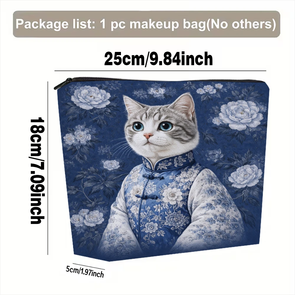 Cat In Traditional Clothing With Flowers Makeup Bags for Girls Cosmetic Pouch Toiletry Bag Pencil Case Travel Storage