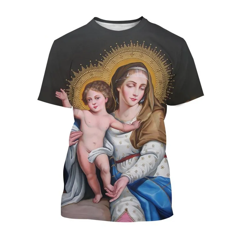 

3D Virgin Mary Print T Shirt For Men Christianity Mother Of God Holy Child Tees Casual O-neck Short Sleeve Tops Unisex Clothing