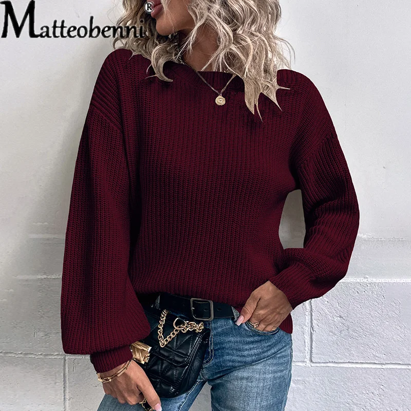 Autunno inverno maglione lavorato a maglia da donna elegante tinta unita O collo Pullover maniche a lanterna maglione caldo spesso top Casual femminile