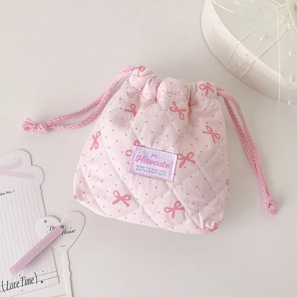 Cotton Drawstring Cosmetic Bag Portable Bow Knot Quilted Storage Pouch Travel Organizer Gifts Bag for Women and Girls