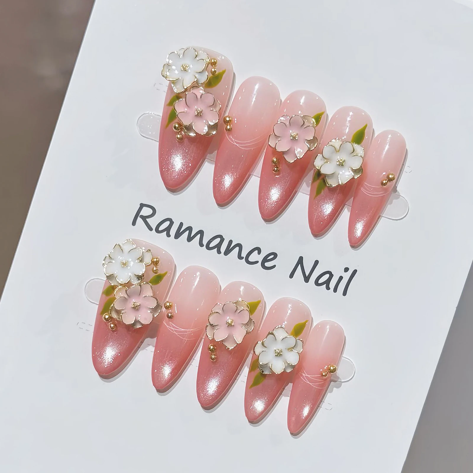 10pcs Fake Nail Tips Elegant Peach Pink Press On Nails 3D Flower Design for Women Wedding Party Daily Makeup