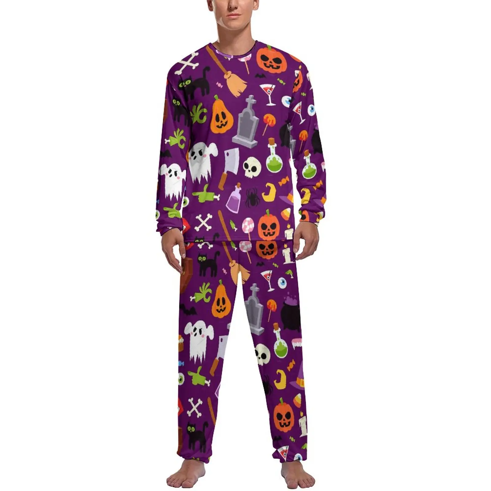 Happy Halloween Pajamas Long Sleeve Funny Pumpkin 2 Piece Home Pajama Sets Autumn Men Custom Cool Sleepwear