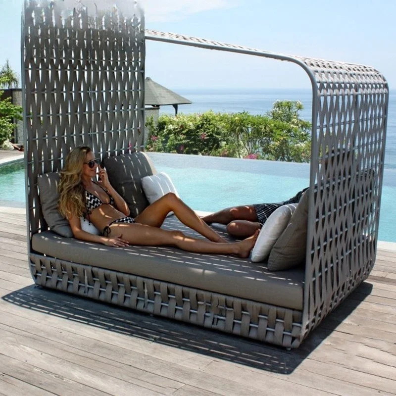 Outdoor rattan sofa creative designer villa courtyard rattan sofa outdoor large imitation rattan sofa lying on the bed round bed