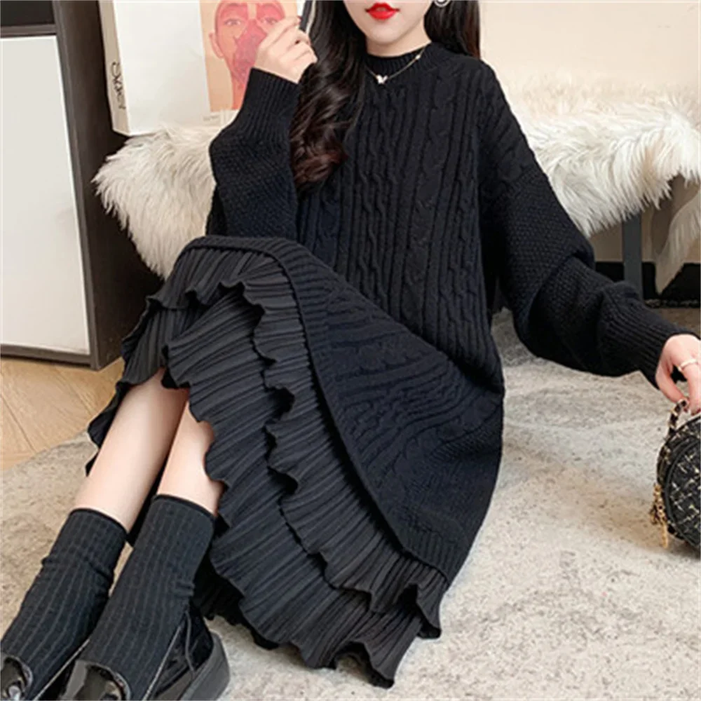 Fashion Long Sleeve Sweater Dress Women Lace Splice Hem 2024 New Autumn Winter Pullover Female Elegant Knitted Sweater dresses