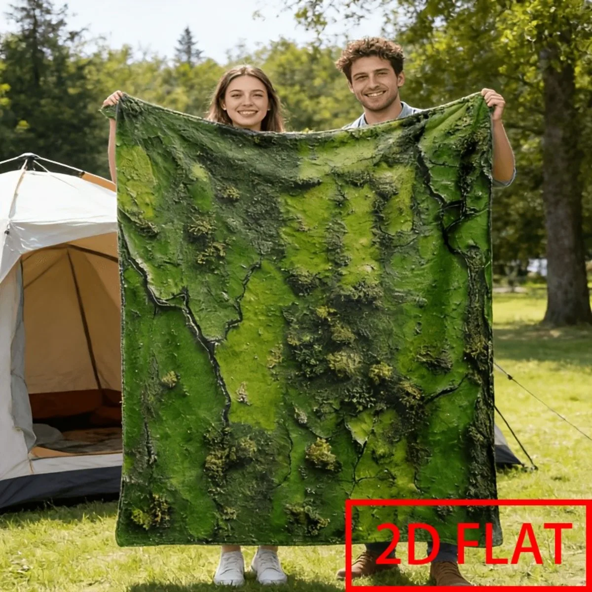 2D Flat Printed 1pc 1pcs Realistic Forest Texture Green Moss and Lichen Blanket - Nature-Themed Design, Ultra-Soft Realistic For