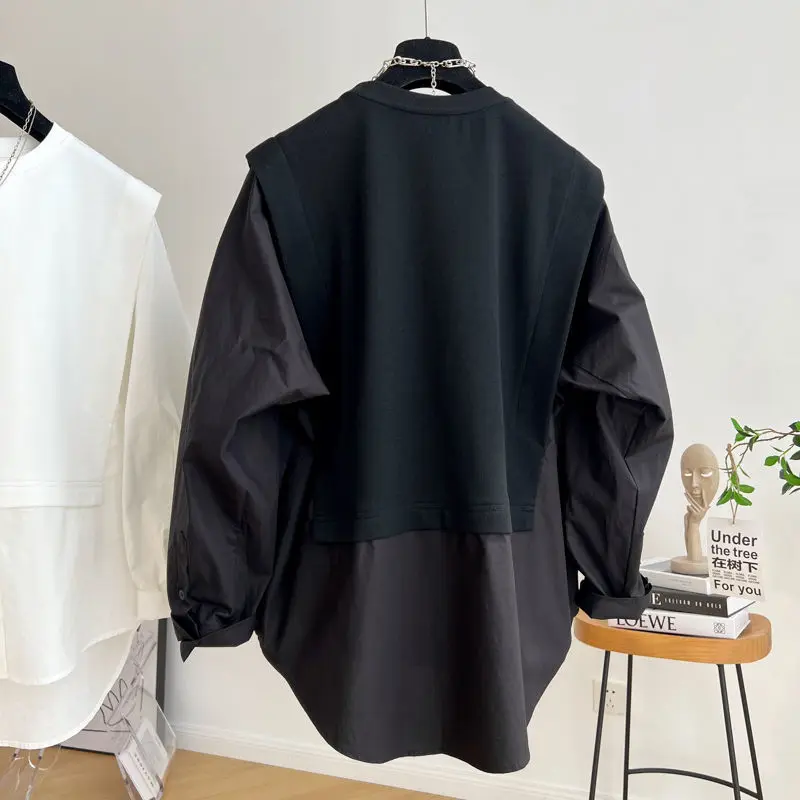 Extra Large Loose Casual Coat Splicing Fake Two Long Sleeved Shirts Blouses for Women Fashion 2024 Women Tops Plus Size Tops