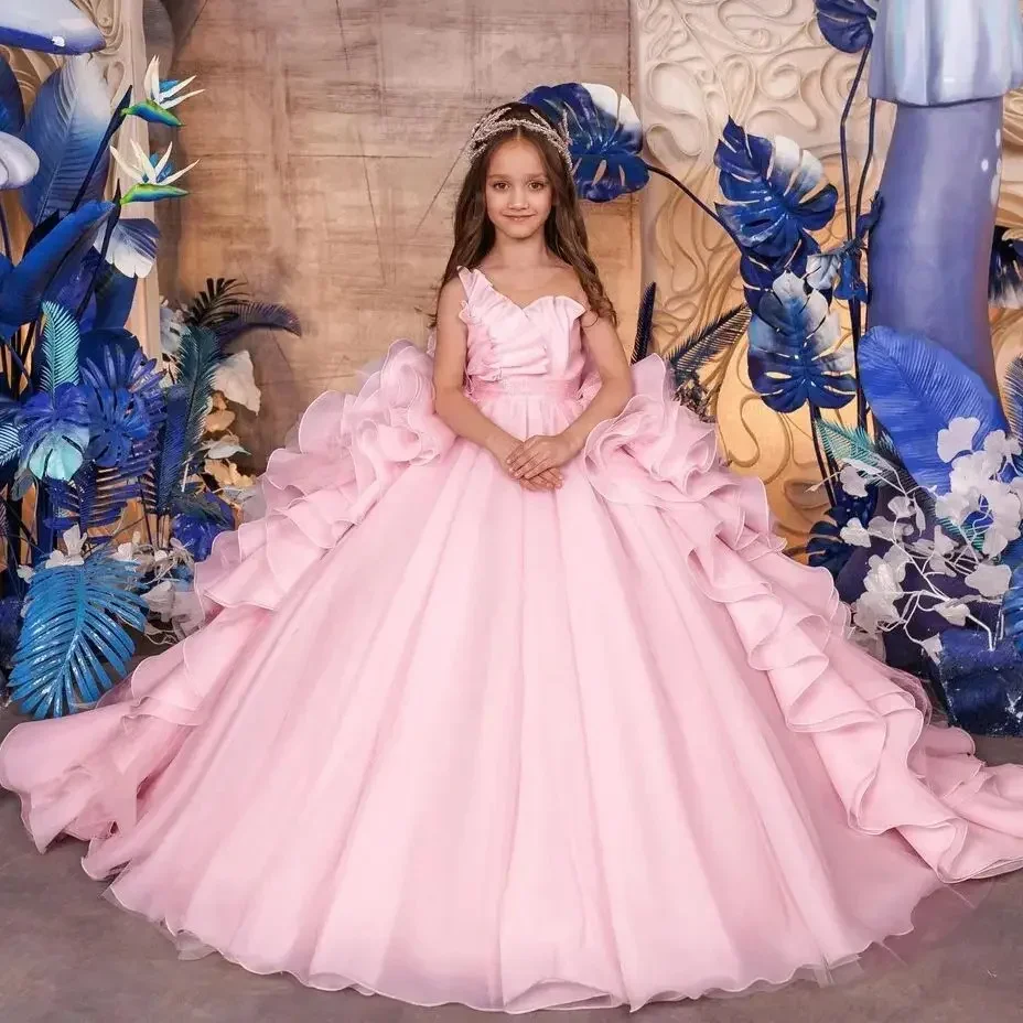 Gaun Gadis Bunga Merah Muda Blush untuk Pernikahan Ruffles Berjenjang Mutiara Elegan Anak-anak Komuni Pertama Gaun Pesta Quinceanera Disesuaikan