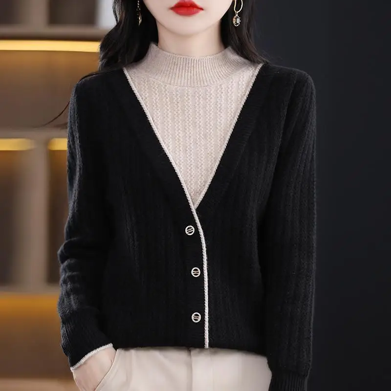 2023 Autumn Winter New Half High Neck Sweater Women Contrast Button Korean Simple Loose Splice Fake Two Piece Long Sleeve Tops