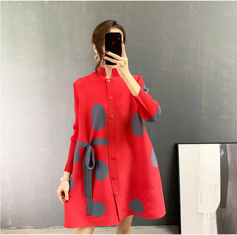 2026 Festival Clothing, Elegant, miyake Stand Collar Pleated Dress for Women, Autumn, Single Breasted, Drawstring Dot Printing,