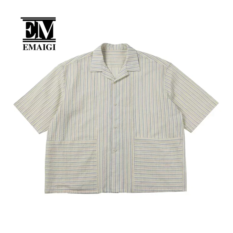 Washed Bubble Cotton Shirt Men Cityboy Japanese Korean Streetwear Fashion Loose Casual Stripe Short Sleeve Cuban Collar Shirts