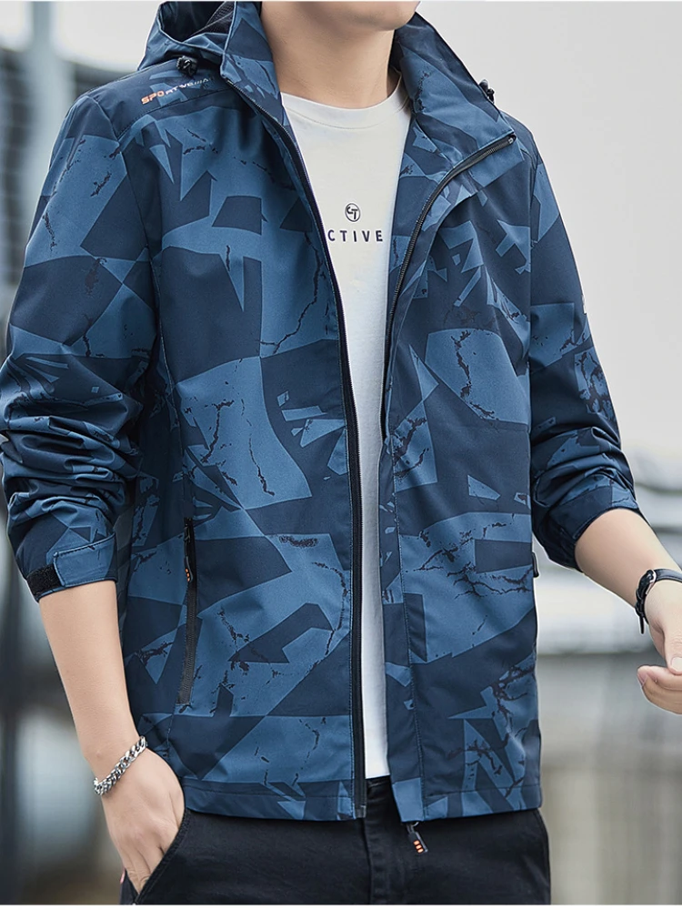 Spring Autumn Jackets Men's Clothing Zipper Sweatshirt Long Sleeve Coats Outdoor Windbreaker Hooded Printed Jackets Tops New
