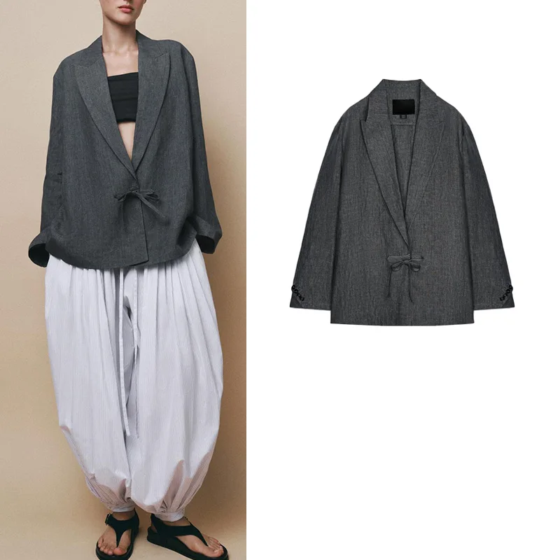 

mat Mixed Fiber Linen Long Sve Notched Collar Women's Suit Jaet Summer Original Design Loose Fit Pure Color