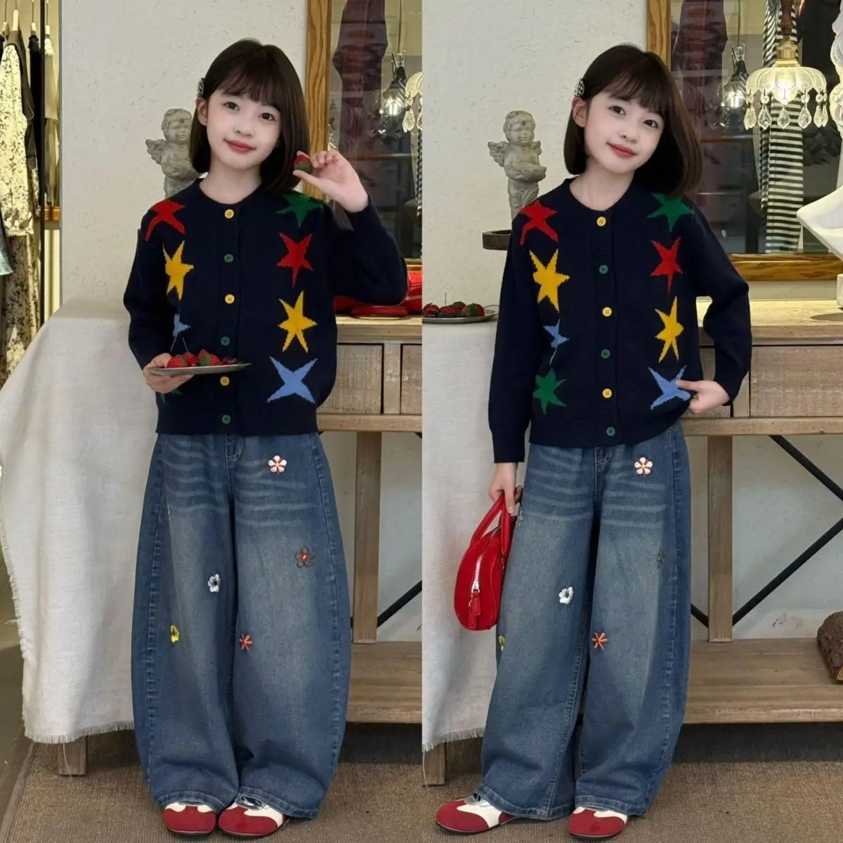 Girls' Fleece Thickened Jeans 2025 Winter Korean Medium and Older Children Integrated Fleece Loose Scimitar Wide-leg Pants