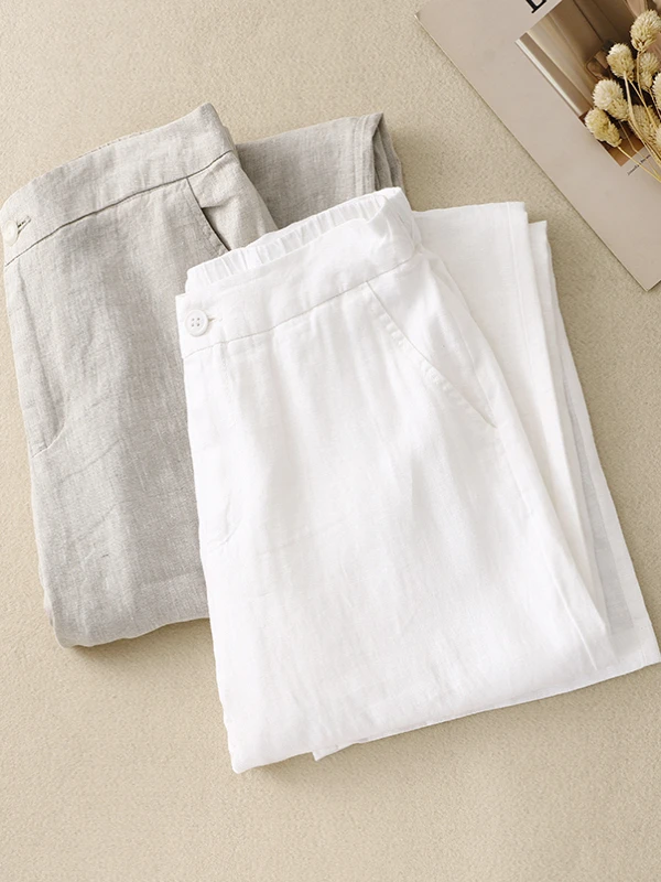 

Женские летние брюки из хлопка и льна с высокой талией, широкими штанинами, свободного прямого кроя, тонкие, удобные, длиной 7/8