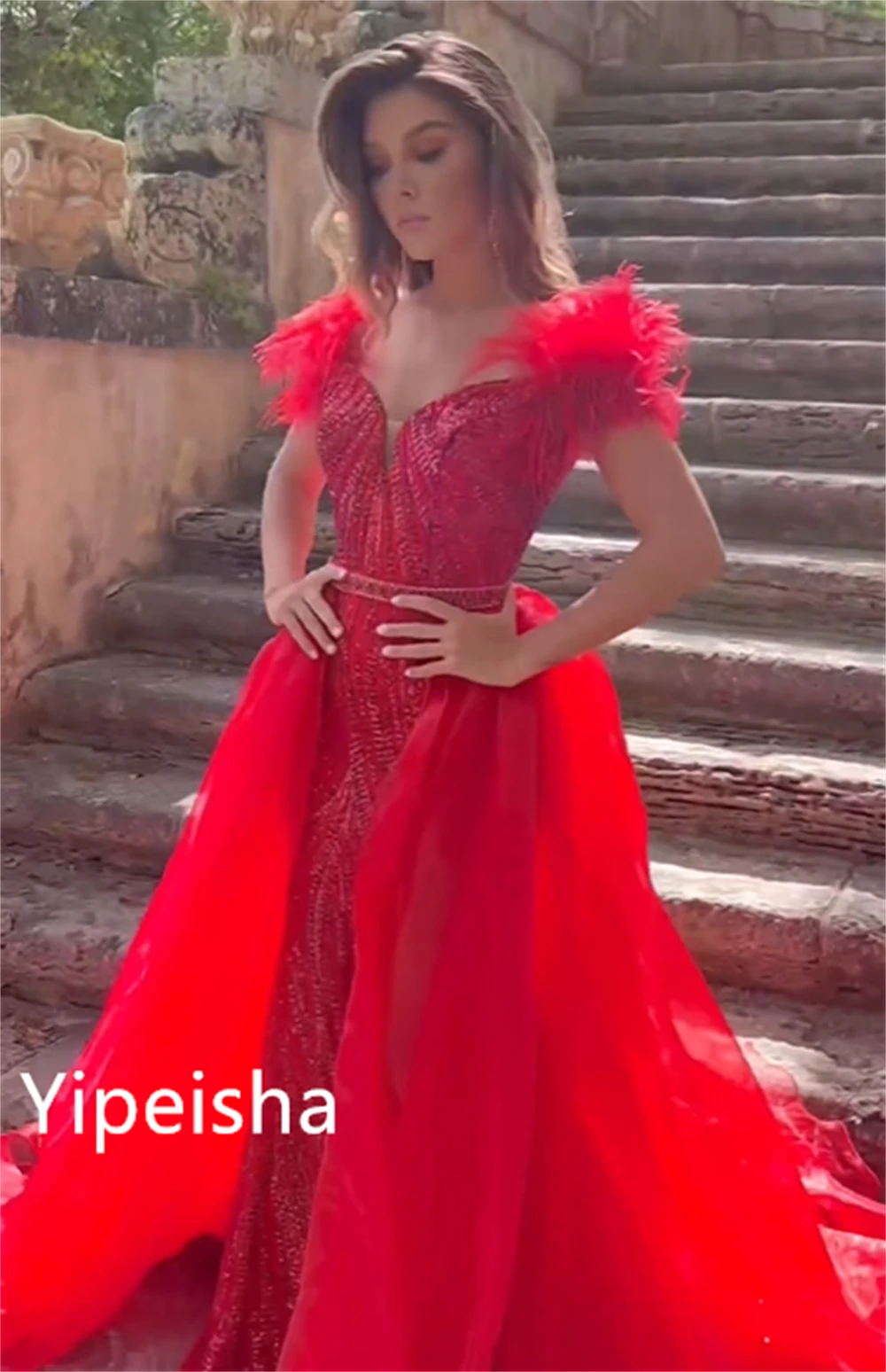 Yipeisha Elegant Sexy Off-the-shoulder Sheath Cocktail  Celebrity Feathers Sequin Fold Draped Satin  Dresses