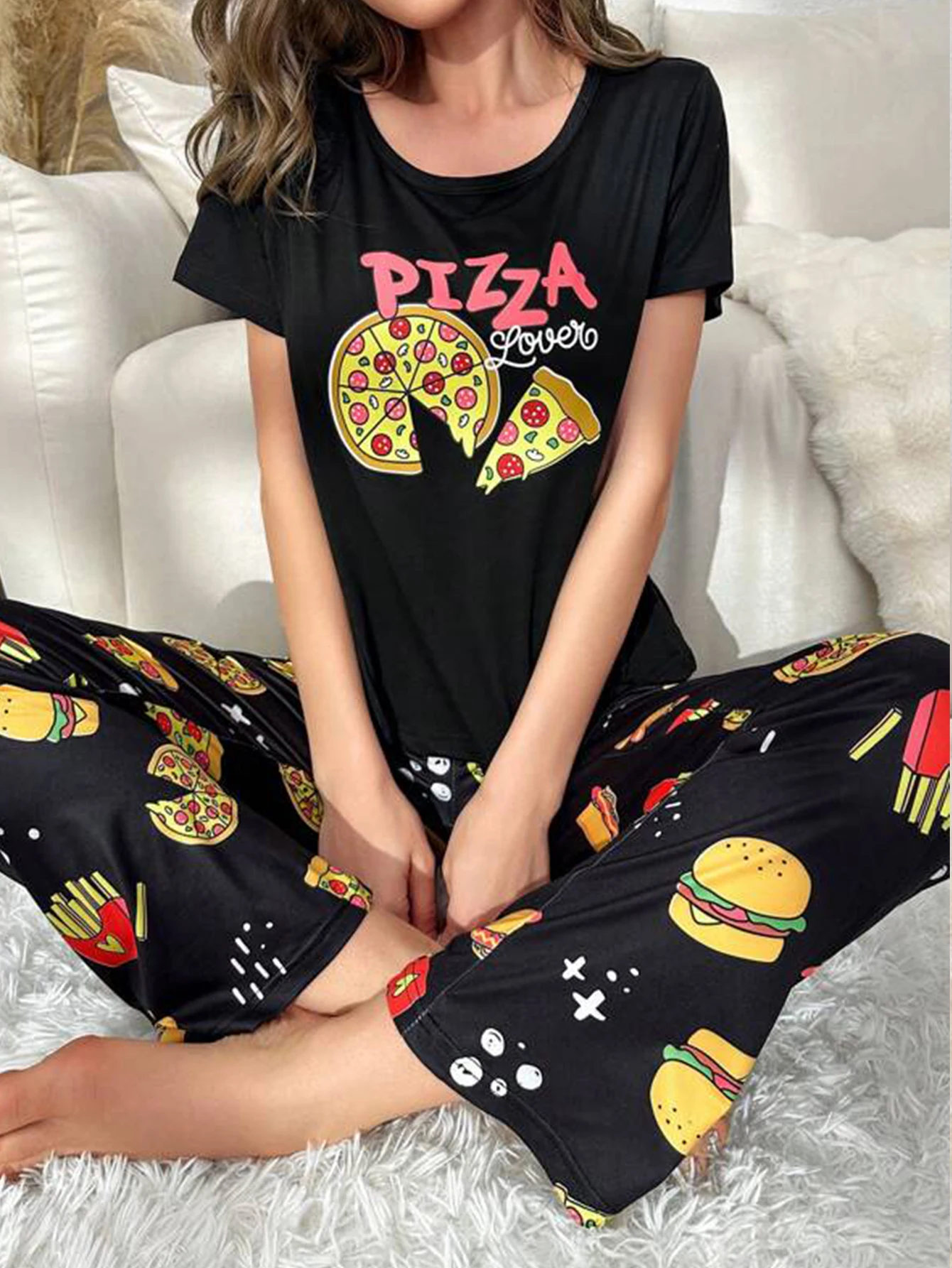 Women Pajama Set Cartoon Pizza Print Short Sleeves Crew Neck Top Allover Print Fast Food Icons Pants Summer Sleepwear Set Cute