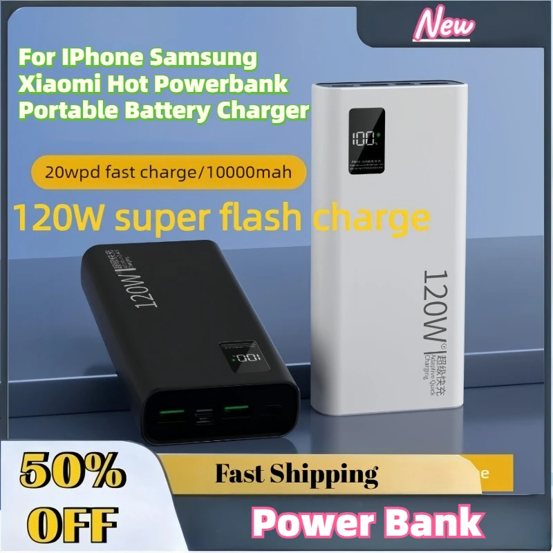 

High-Quality New 120W 10000mAh Power Bank Fast Charging for IPhone Samsung Xiaomi Hot Powerbank Portable Battery Charger