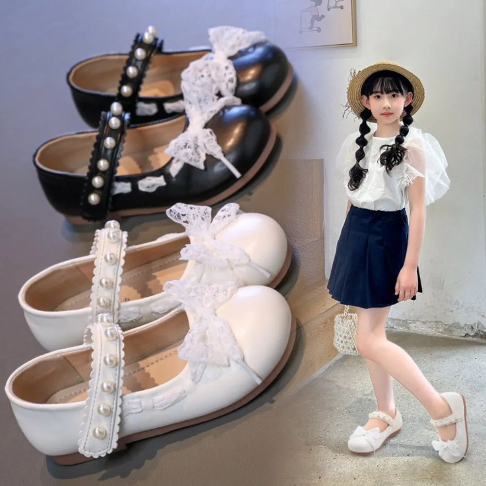 Girls Princess Shoes Spring Autumn New Soft Sole Flats Children's Pearl Performance Shoes Kids Mary Janes with Lace Sweet