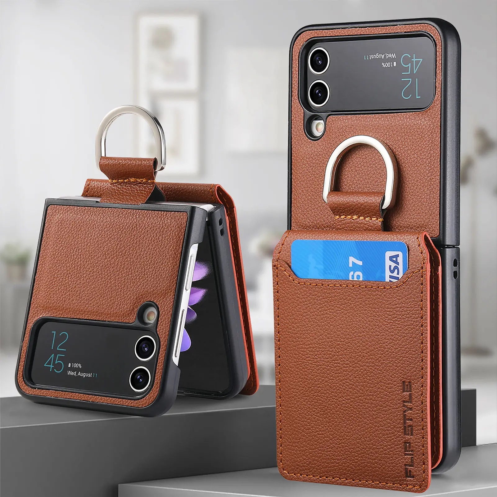 Wallet Phone Case For Samsung Z Flip 4 Finger Ring Card Holder Stand Shockproof Lychee Pattern PU Leather Cover For Z Flip 2 3 5