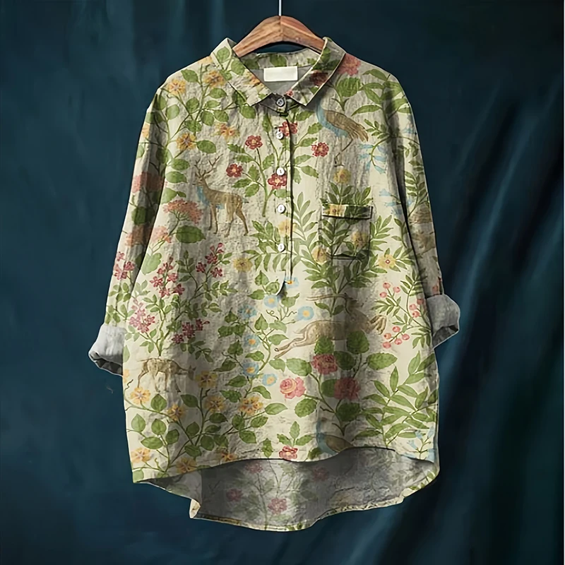 Nouveau printemps automne rétro col rabattu décontracté à manches longues chemise pour les femmes pull imprimé ample grande taille Bouse haut A345