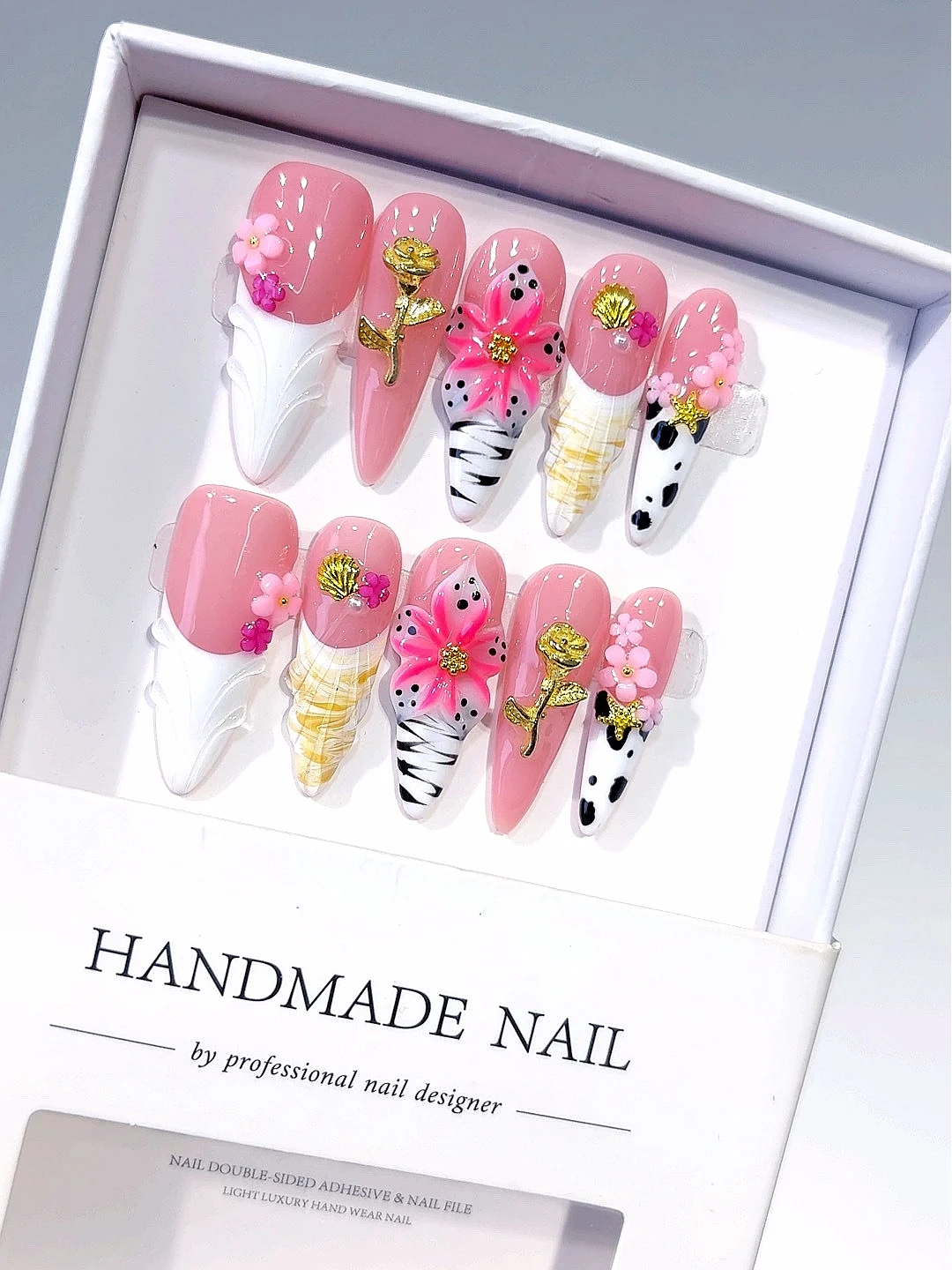 

Pink 3D Floral Gold Rose Cow Print Long Almond Press on Nails - Handmade Y2K Bling False Nails with Shell（D590）