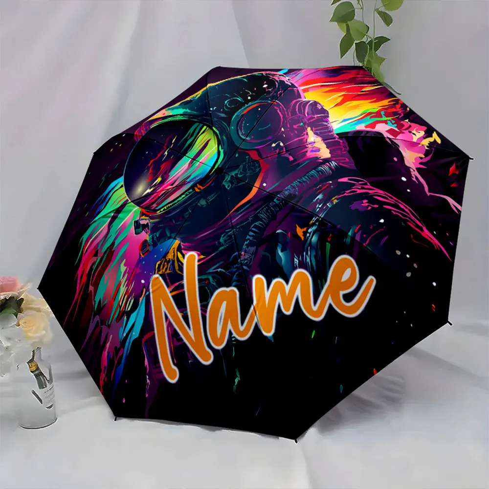 Custom Name Vivid Astronaut Artwork Umbrella 8 Iron Ribs Folding Umbrella Auto-Open Fashionable Sunshade Deluxe Gift