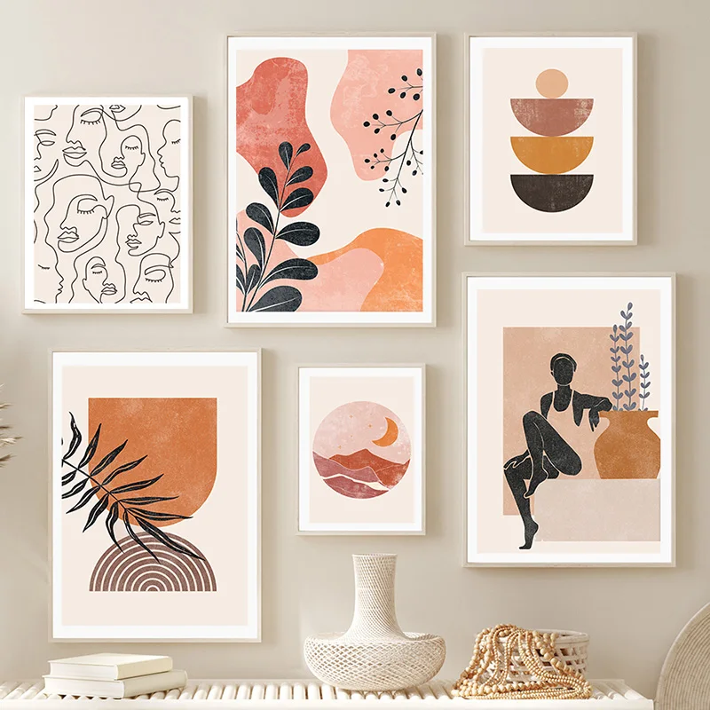 Boho Abstract Black Girl Leaf Rainbow Geometry Wall Art Canvas Painting Nordic Posters And Prints Pictures For Living Room De