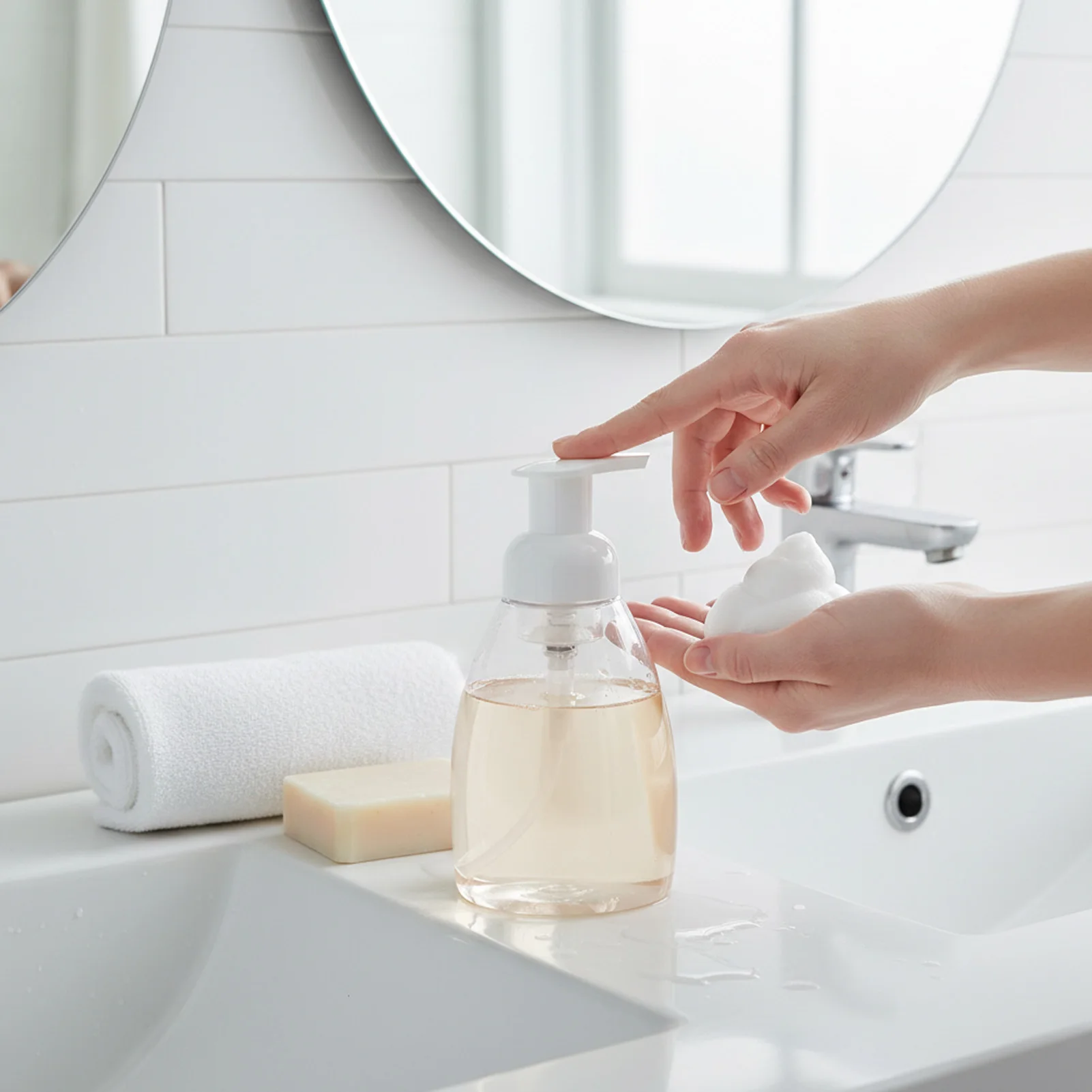 Refillable Foam Pump Bottle 250ml Transparent PET Durable Soap Dispenser One Hand Operation for Home Office Use