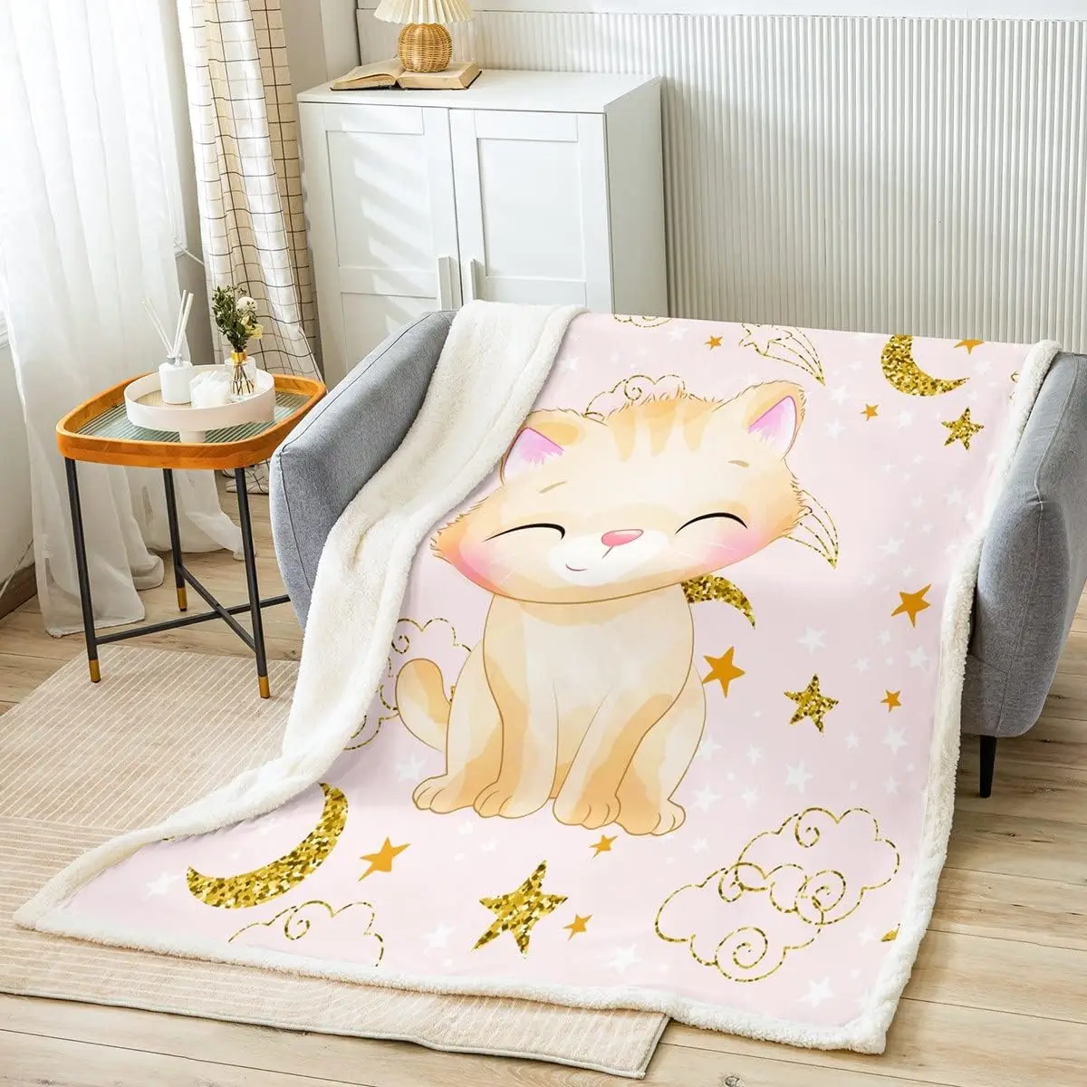 

Cat Throw Blanket Cute Cartoon Cat Plush Blankets Cute Kitten Sherpa Blanket Sun Moon Pattern Fuzzy Blanket for Kids