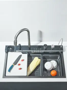 304不銹鋼廚房水槽雙瀑布單槽一體式數位顯示水龍頭套裝皂液器杯墊 8 最佳銷售 廚房水槽瀑布 - №8