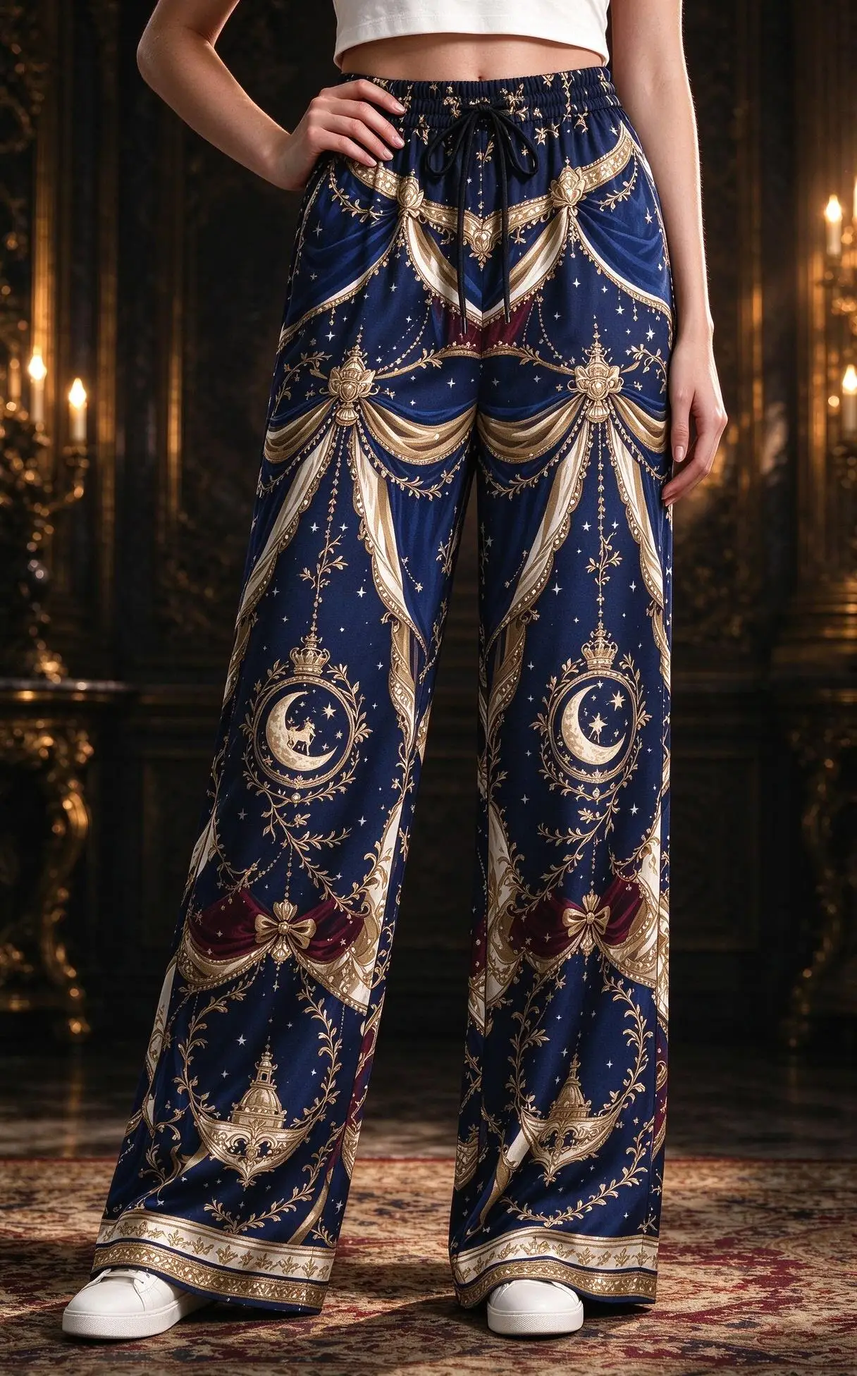 Women Mid Waist Wide Leg Pants Vintage Moon Star Royal Pattern Drawstring Casual Trousers with Pockets