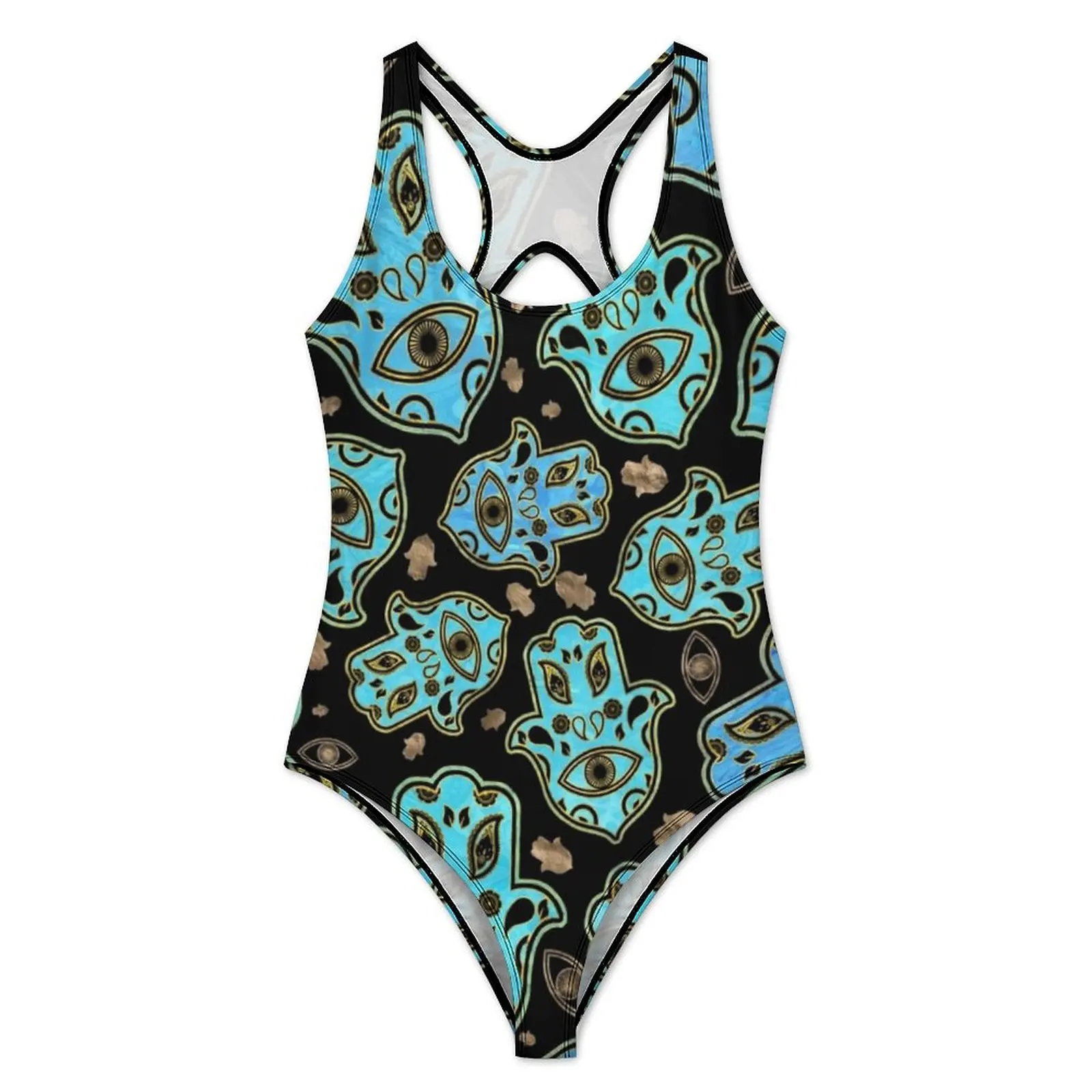 Hamsa Hand Swimsuit Hand of Fatima Swimwear One-Piece Vacation Bath Bodysuit Backless Monokini Women Push Up Sexy Beachwear Gift