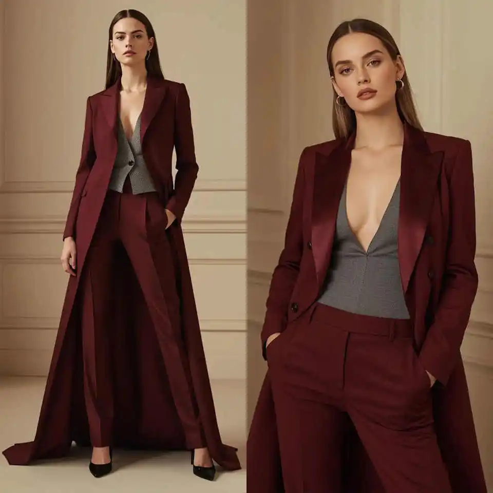 

Elegant Women's 2 PiecesLong Blazer Pant Sets Peaked Lapel Jacket Blazer Slim Fit Office Business Party Outfit Custom Made