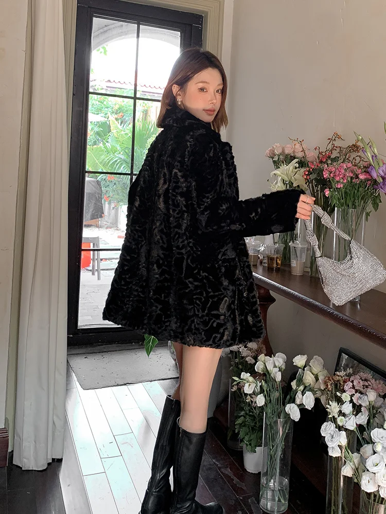 エコフレンドリーなレディースファーコート、ブララムウール、スーツカラー、プラウロングジャケット、スリ、秋冬新作、ユースファッション