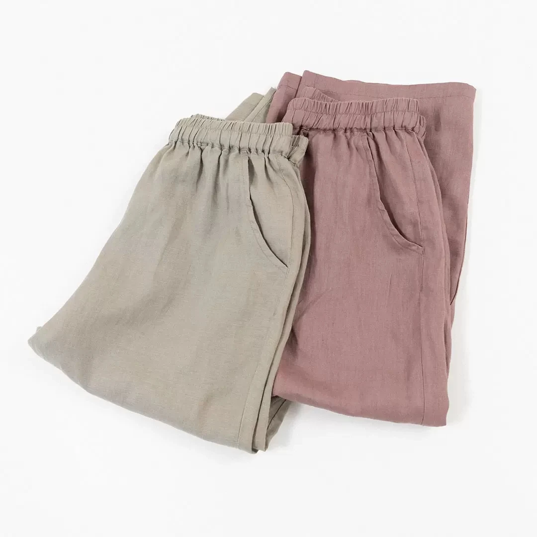 73-106cm Elastic Waist Summer Women Loose Basics Japan Style Comfortable Natural Linen Trousers Elastic Waist Wide Leg Pants