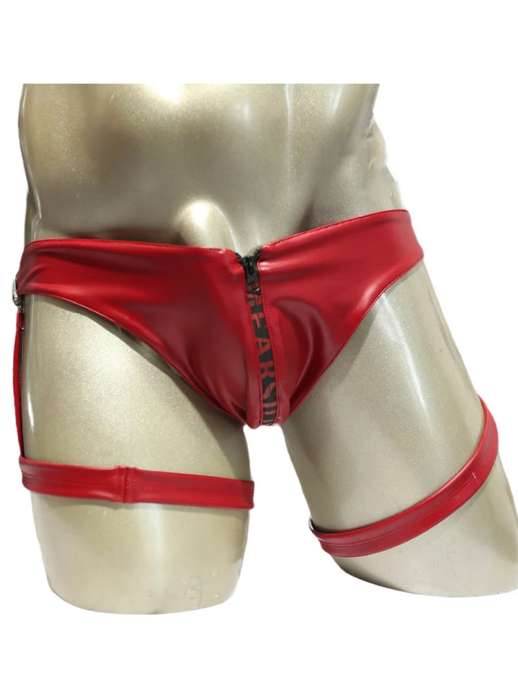 Double Sided Faux Latex Elastic PU Leather Briefs Garter Belt Low Waist Jockstrap Calzoncillos Swimming Bikini Trunks Ropa Slips