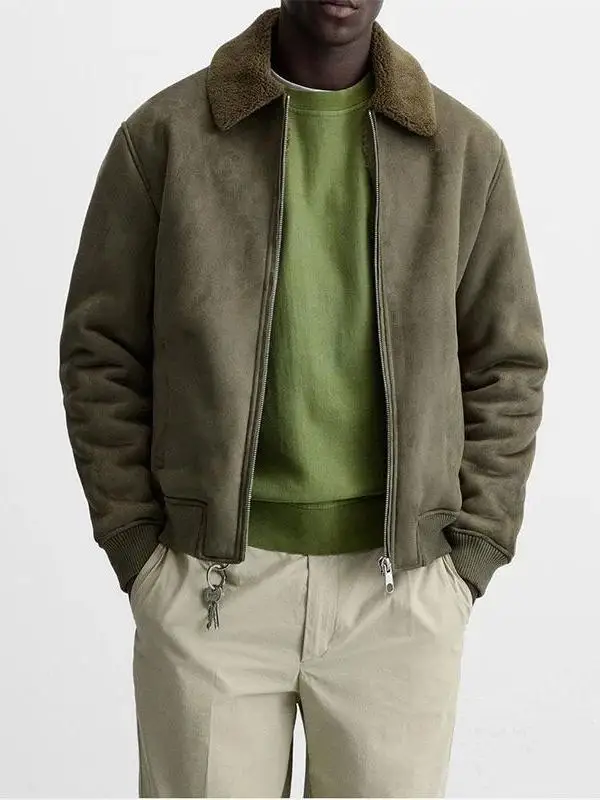 Autumn Winter Men's Casual Thickened Fleece Zipper Collar Jacket Open Cardigan Coat Leather Fur Integrated Outerwear 22815