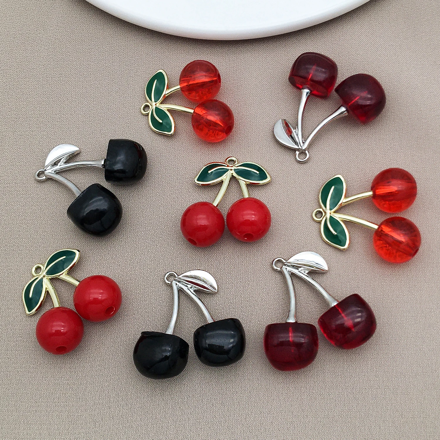 5pcs Enamel Cherry Design Charms Alloy Fruit Pendants For DIY Bracelets Necklaces Jewelry Making Accessories