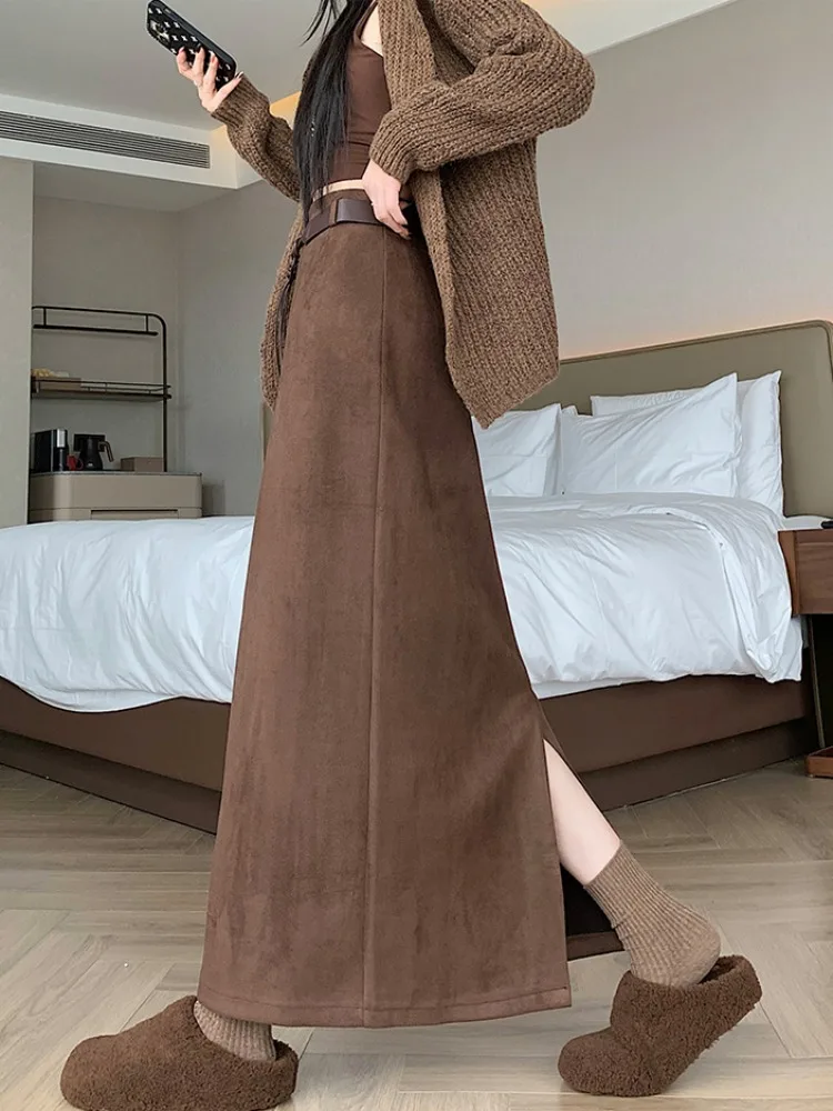 ハイウエスト スエード スカート スリット入り レディース ストレートカット ワンステップデザイン 秋冬 ファッション 通勤 スタイル