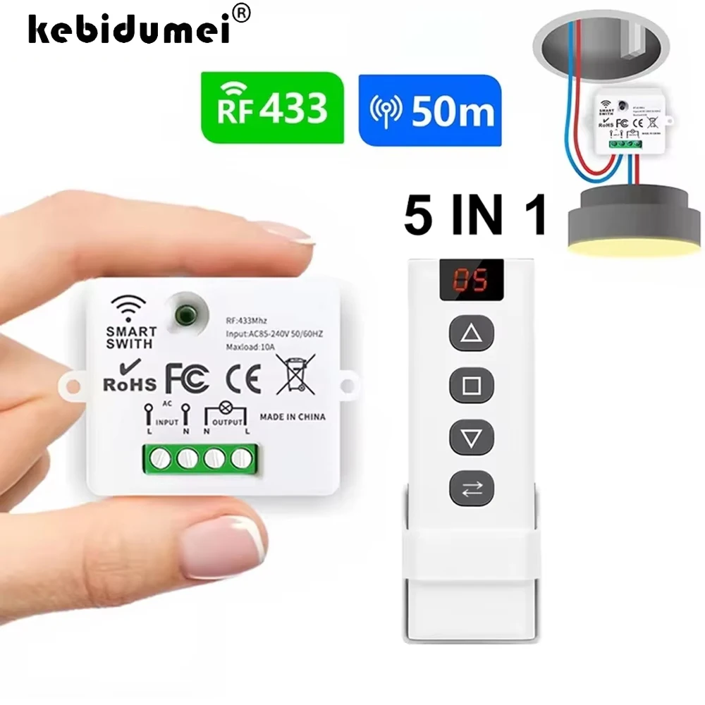 KEBIDUMEI Interruptor de Control Remoto Universal de 433mhz, Receptor de Relé AC 110 220V 10A, Transmisor RF 5 en 1 para Ventilador LED y Electrodomésticos
