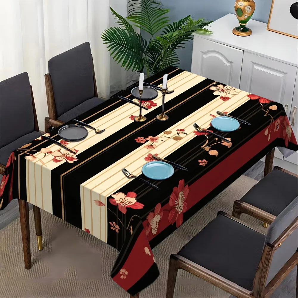 1pc New Printed Rectangular Tablecloth Vintage Cherry Blossom Stripe Black and Red Design, Adds Elegant and Romantic Spring Atmosphere to Your Dining Table. Japanese-Style Cherry Blossom Pattern with Classic Colors Creates a Poetic and Cozy Dining
