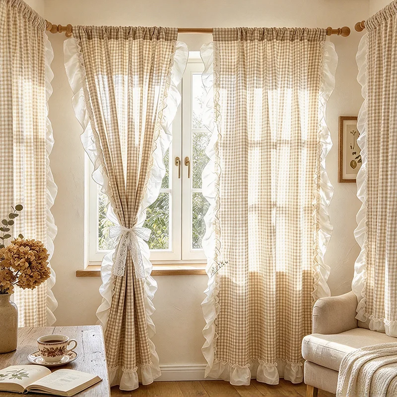 1Piece French Retro Khaki Plaid Cloth Curtain with White Ruffled Lace For Living Room Bedroom Farmhouse Homestay Home Decor
