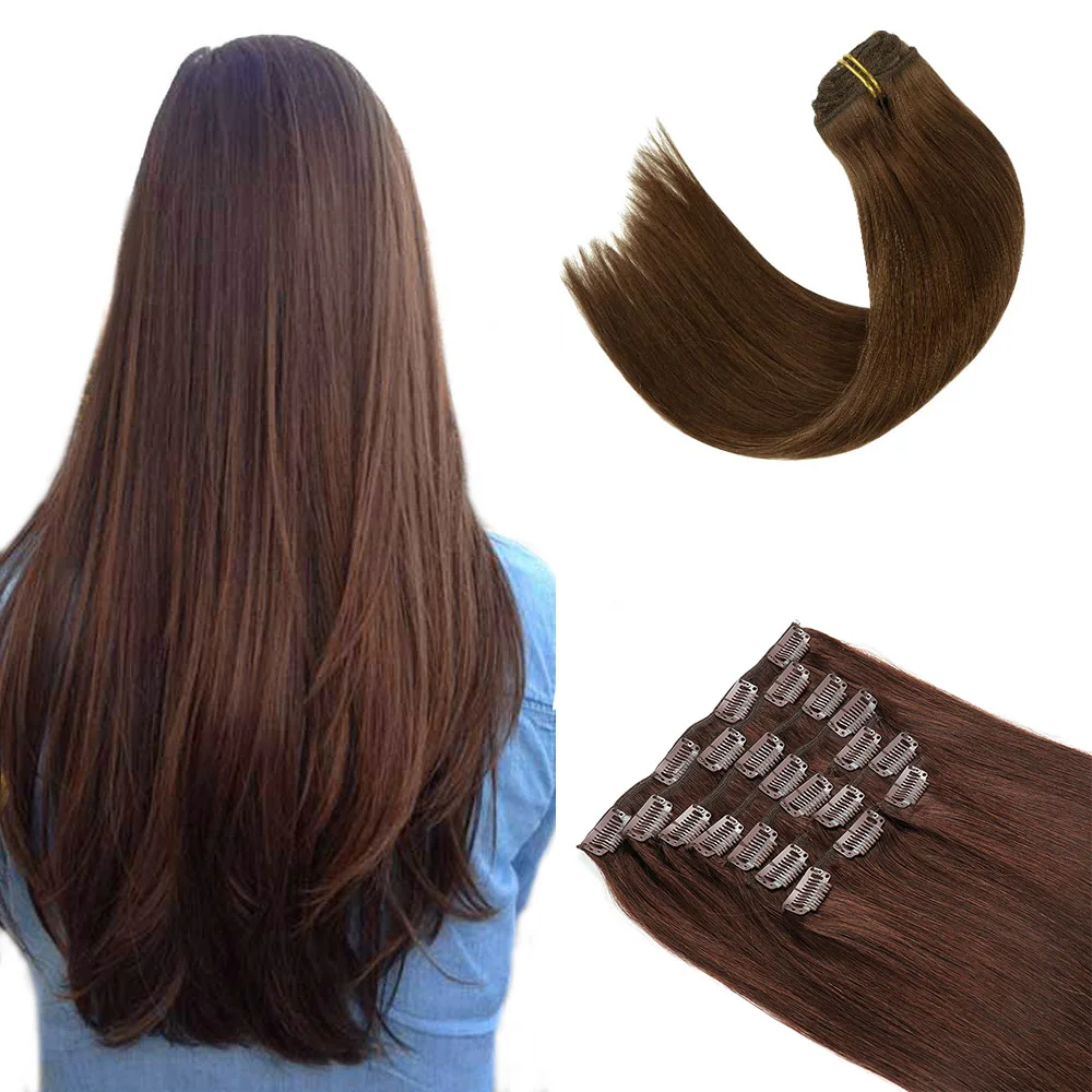 Extensiones de cabello humano con Clip, cabello liso Remy, sin costuras, Invisible, 10 unids/lote/paquete, marrón medio #4