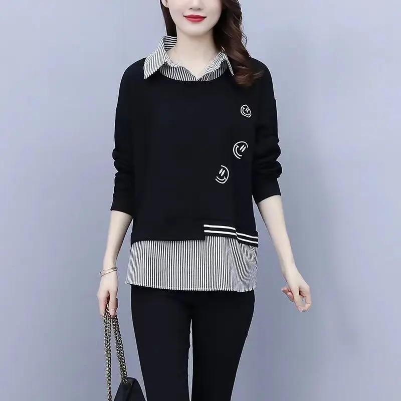 Fashion Lapel Striped Spliced Fake Two Pieces Blouses Women\'s Clothing 2023 Winter Loose Commuter Tops Casual Warm Shirts