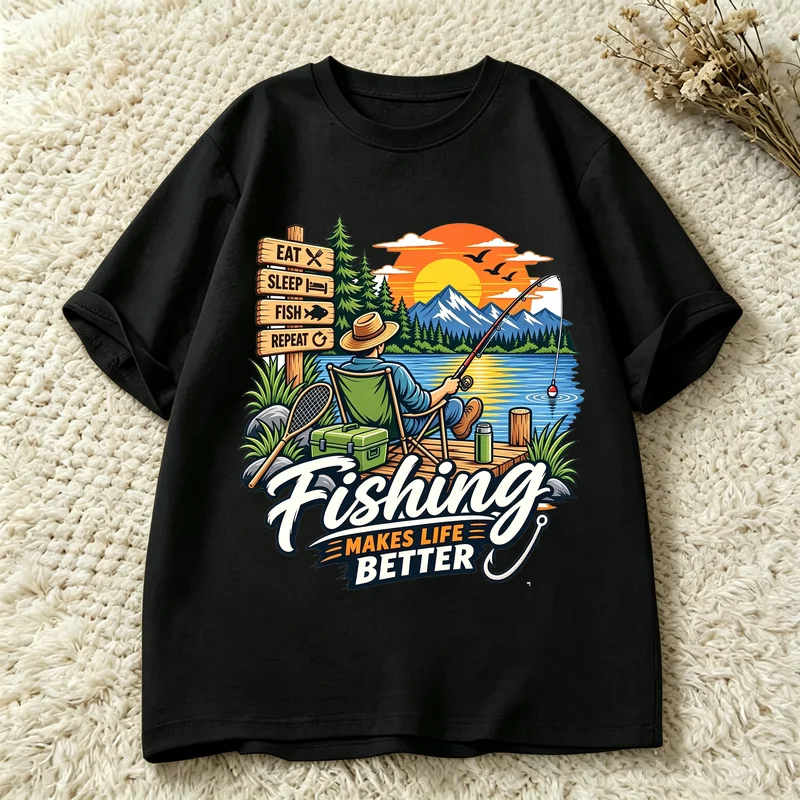 Fishing Makes Life Better T Shirt Men Lake Fisherman Sunset Mountain Graphic Tee Casual Short Sleeve Gift for Angler Dad Fishing