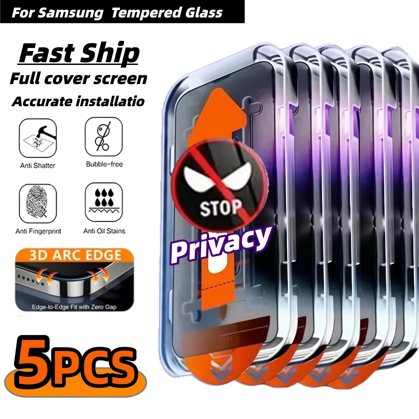

5Pcs Dust Free Installation Privacy Screen Protector For Samsung S24 S21 S22 S25 Ultra Plus S23Fe A52 A51 A71 Anti-spy Glass